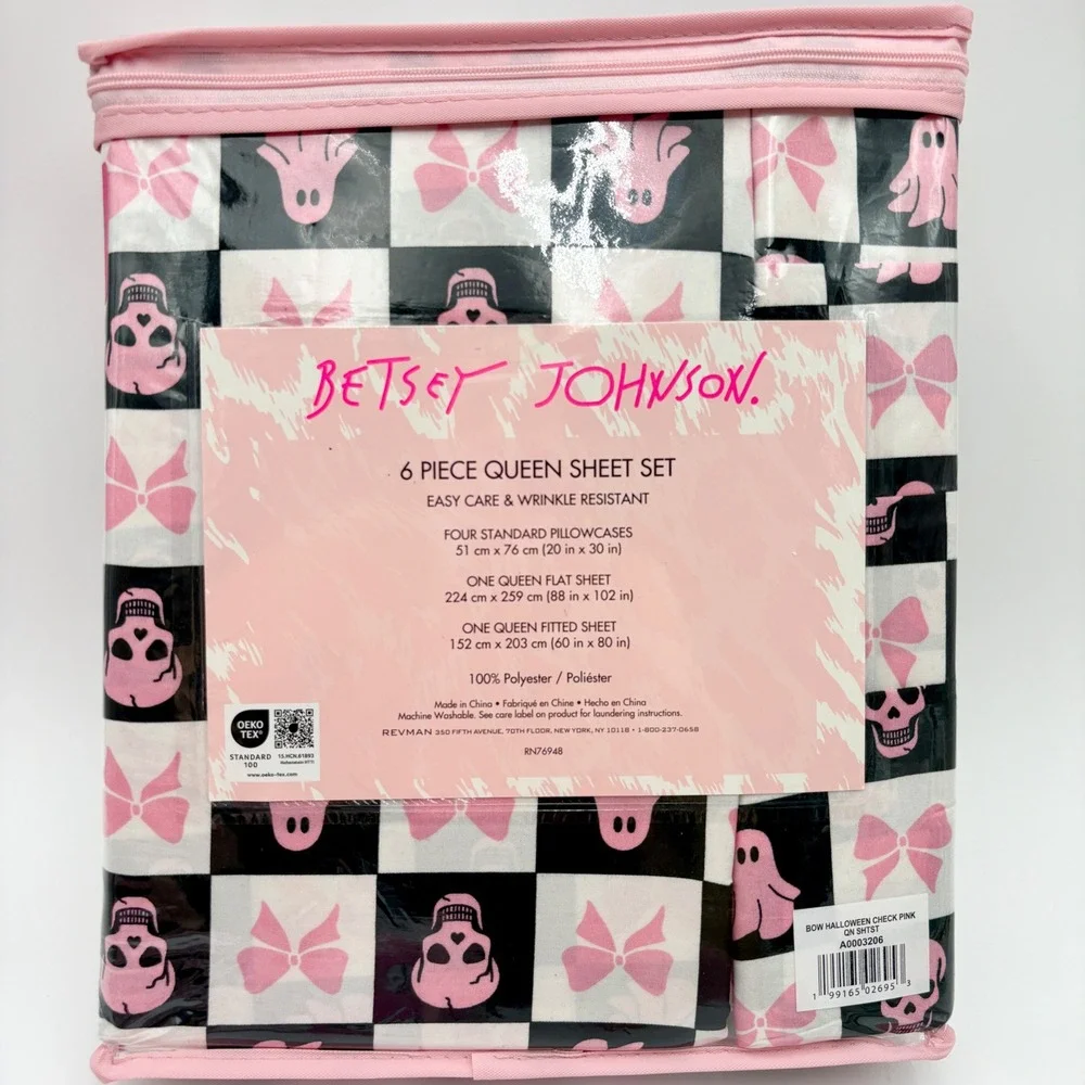 Betsey Johnson BOW Halloween Sheet Set Queen Ghost‎ Bow Check Checkered NEW